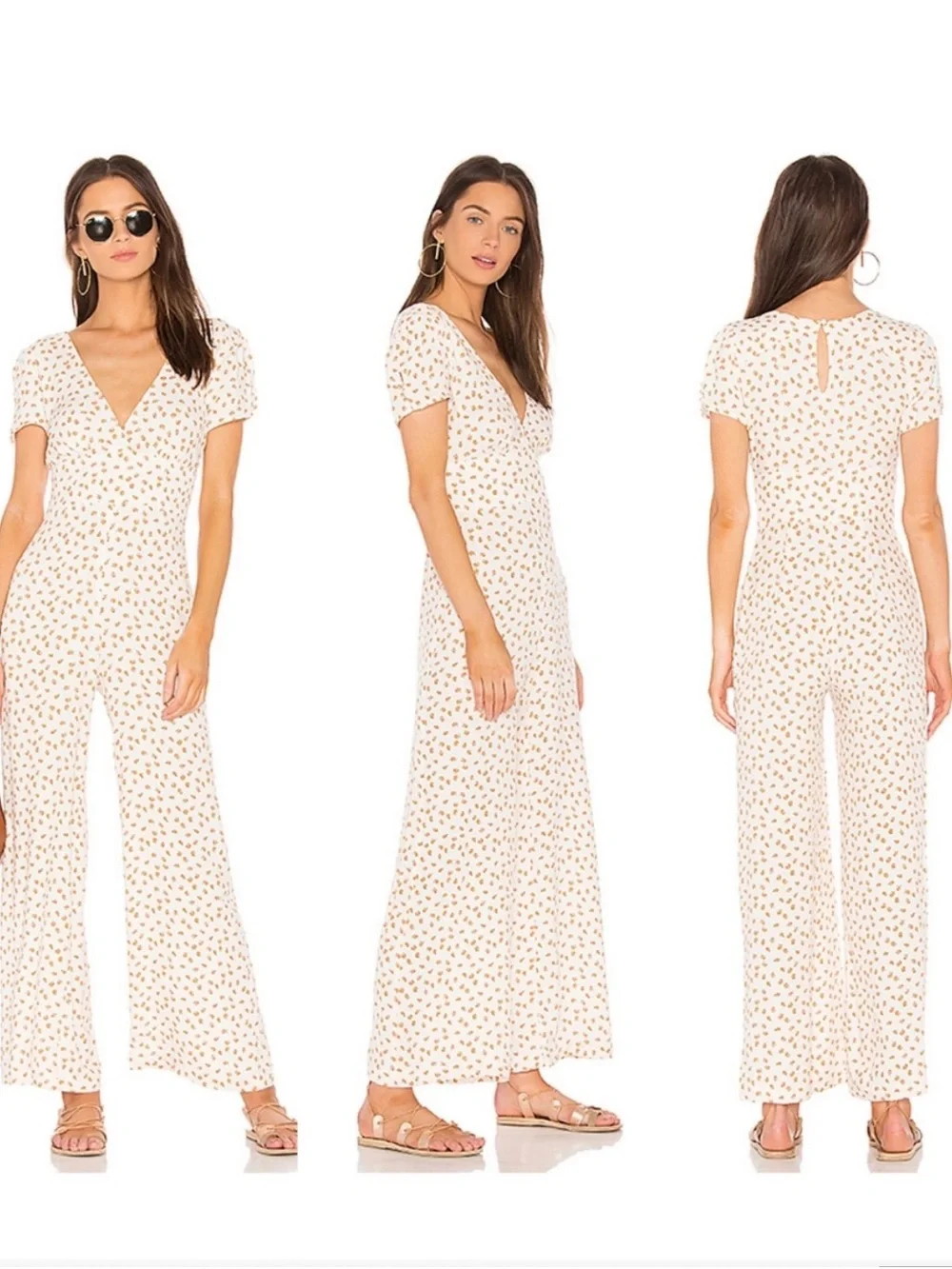 Free People Fruit Print Jumpsuit 6 Cream Wide Leg Boho